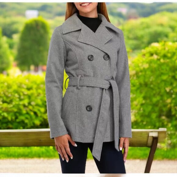 Classic Lines Heather Grey Double Breast Tie Waist Belt Fully Lined Pea Coat - Picture 1 of 11
